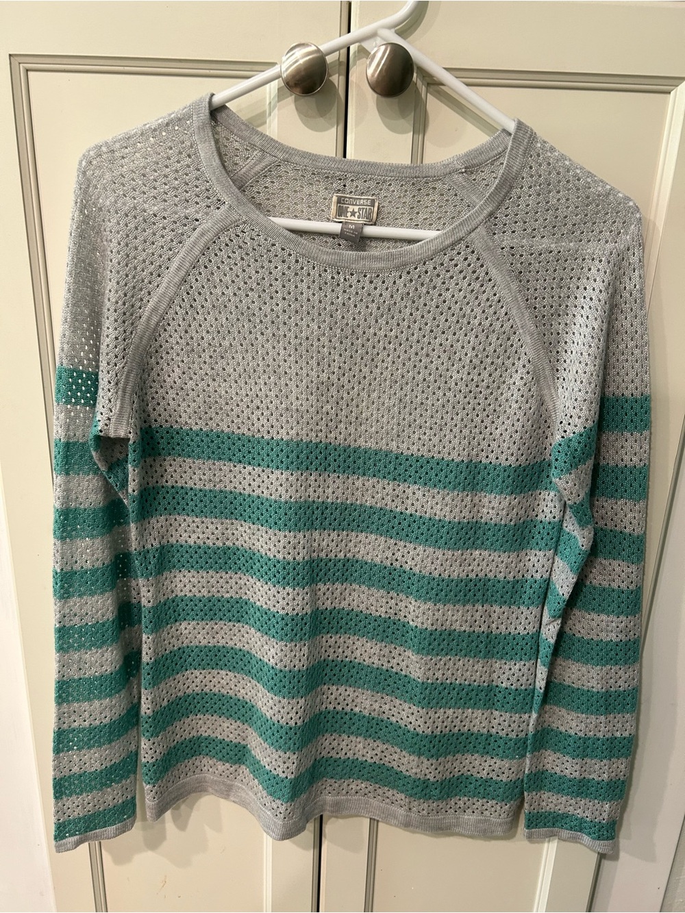Converse One Star Gray & Teal Striped Open-Knit Sweater
